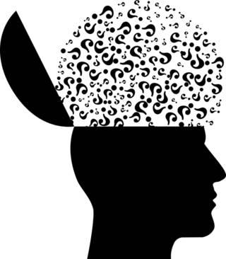 silhouette of human head with question marks where the brain usual would be